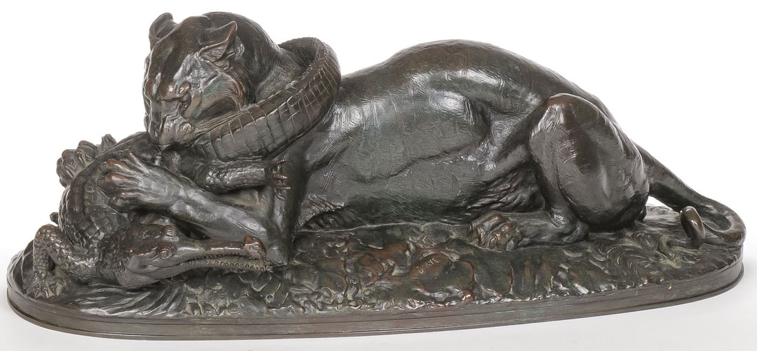 A GOOD BARYE BRONZE: ANTOINE-LOUIS BARYE (French 1796-1875) Tiger and Gavial Bronze with dark brown patina Signed on base Height 8 inches (20.2cm), Length 20 inches (51cm) SHIPPING NOTICE: J