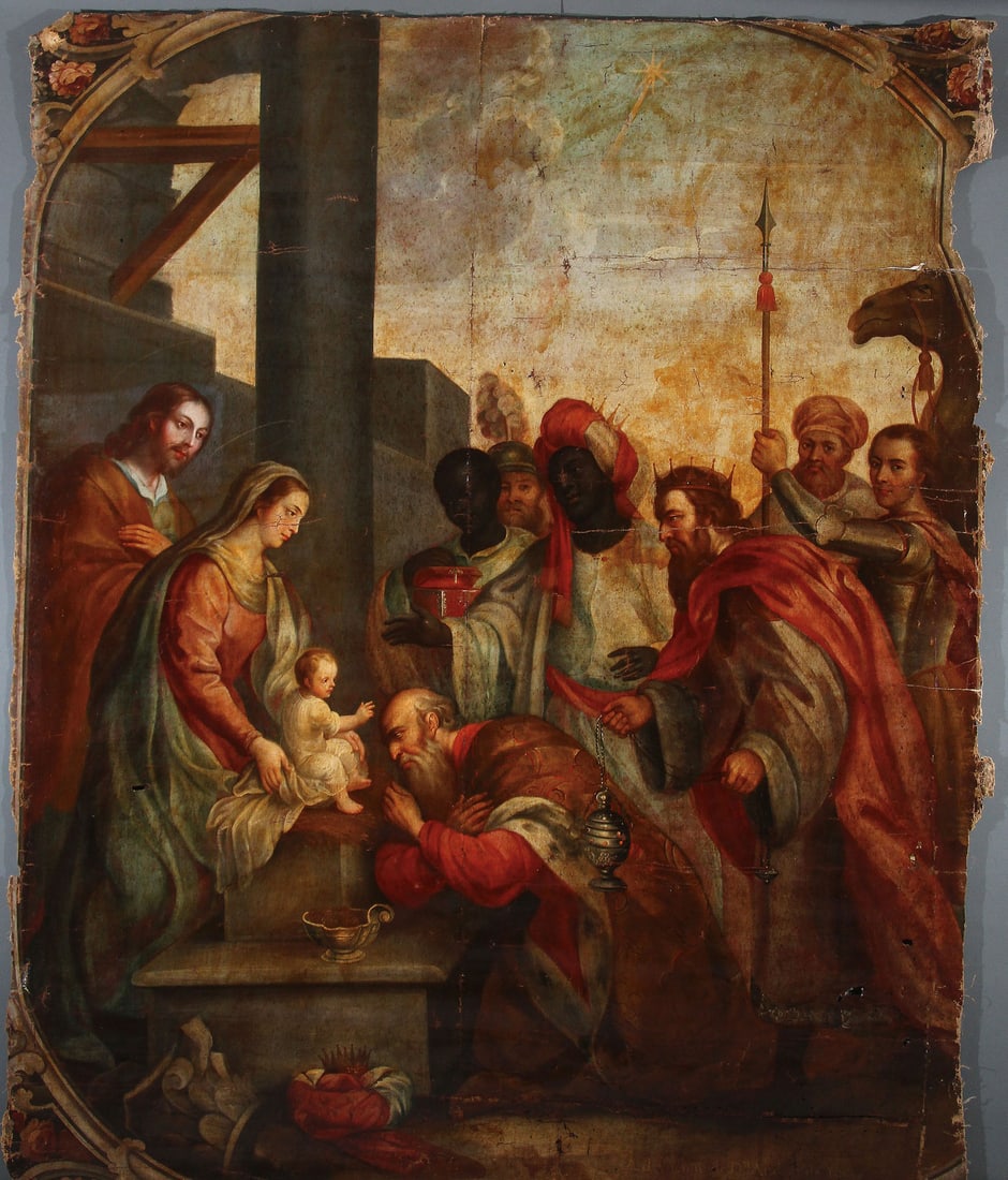 LARGE SPANISH COLONIAL MEXICAN PAINTING, 18TH C: Circle of MIGUEL CABRERA (Mexican 1695-1768) The Adoration of the Magi Oil on canvas, unstretched, unframed Inscribed lower right in Latin, "In Memory of Don Andres de Yume" 102 inches x 83 inches (25