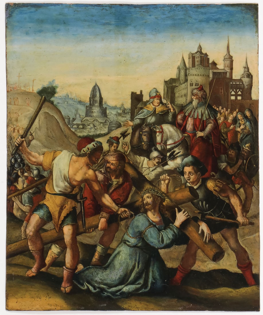 FINE 17TH CENTURY FLEMISH PAINTING ON COPPER: Attributed to FRANS FRANCKEN THE YOUNGER (Flemish 1581-1642) Christ on the way to Calvary in expansive landscape - c. 1640 Oil on copper 10.2 inches x 8.4 inches (26cm x 21.5cm) SHIPPING N