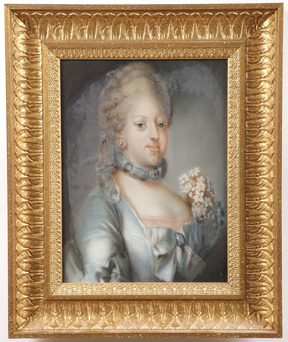 18TH CENTURY DANISH PORTRAIT QUEEN MATILDA: Attributed to PEDER ALS (Danish 1725-1776) Portrait of Caroline Matilda Queen of Denmark Pastel Unsigned 13.5 inches x 10.25 inches (34cm x 26cm). Overall including glazed gilt frame 20 inches x 16.5 