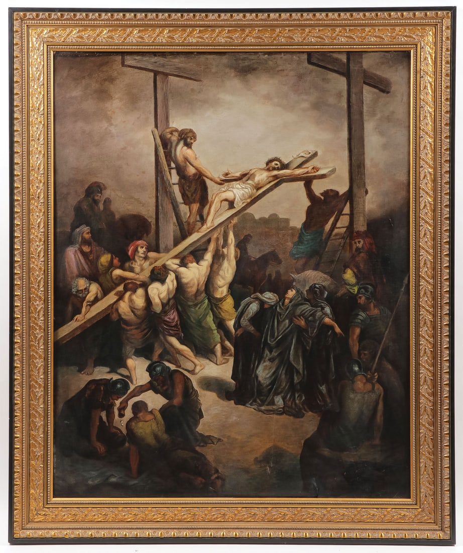 A LARGE PAINTING OF THE CRUCIFIXON, 19TH C: A 19th century follower of PAUL GUSTAVE DORE (French 1832-1883) The Crucifixion Oil on board Indistinctly inscribed lower right 48.5 inches x 38.5 inches (123 x 97.5cm) Overall including frame 57 inch
