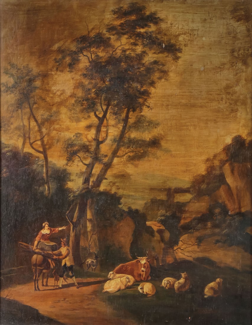 DUTCH OLD MASTER PAINTING ON WOOD PANEL: DUTCH OLD MASTER PAINTING ON WOOD PANEL Comprising an oil on oak wood panel painting depicting an expansive landscape with figures and livestock in ebonized wood frame with gilt liner. Apparently unsi