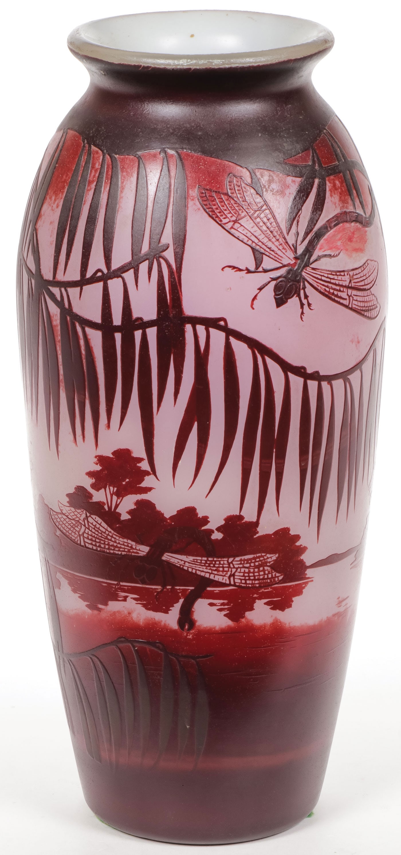 FINE FRENCH CAMEO DRAGONFLY VASE C. 1910: FINE FRENCH CAMEO DRAGONFLY VASE C. 1910 Comprising an impressive red cut back to white and pink decorated with dragonflies amidst foliage on a riverbank, signed Muller Fres Luneville. Height 12.8 inc