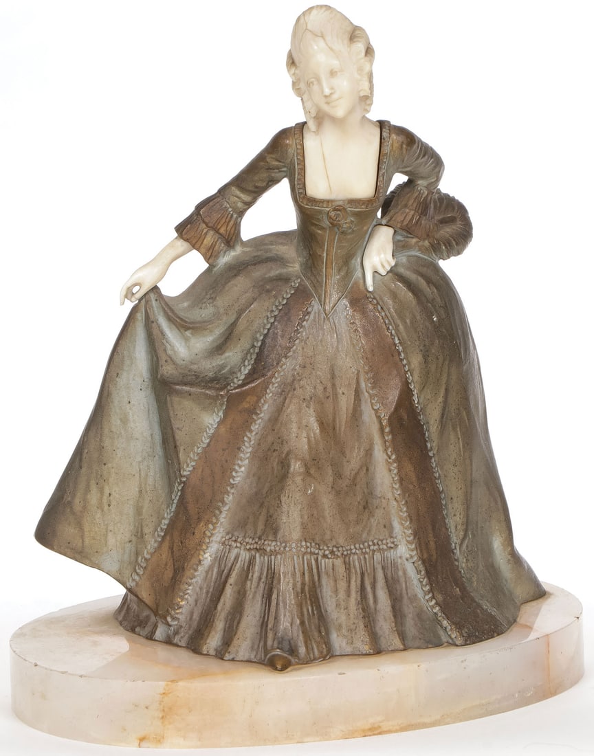 A FRENCH BRONZE FIGURE C. 1925: A FRENCH BRONZE FIGURE C. 1925 Comprising a finely sculpted patinated bronze figure of an elegant woman holding feather fan and with finely carved features resting on an onyx base. Indistinguishably s