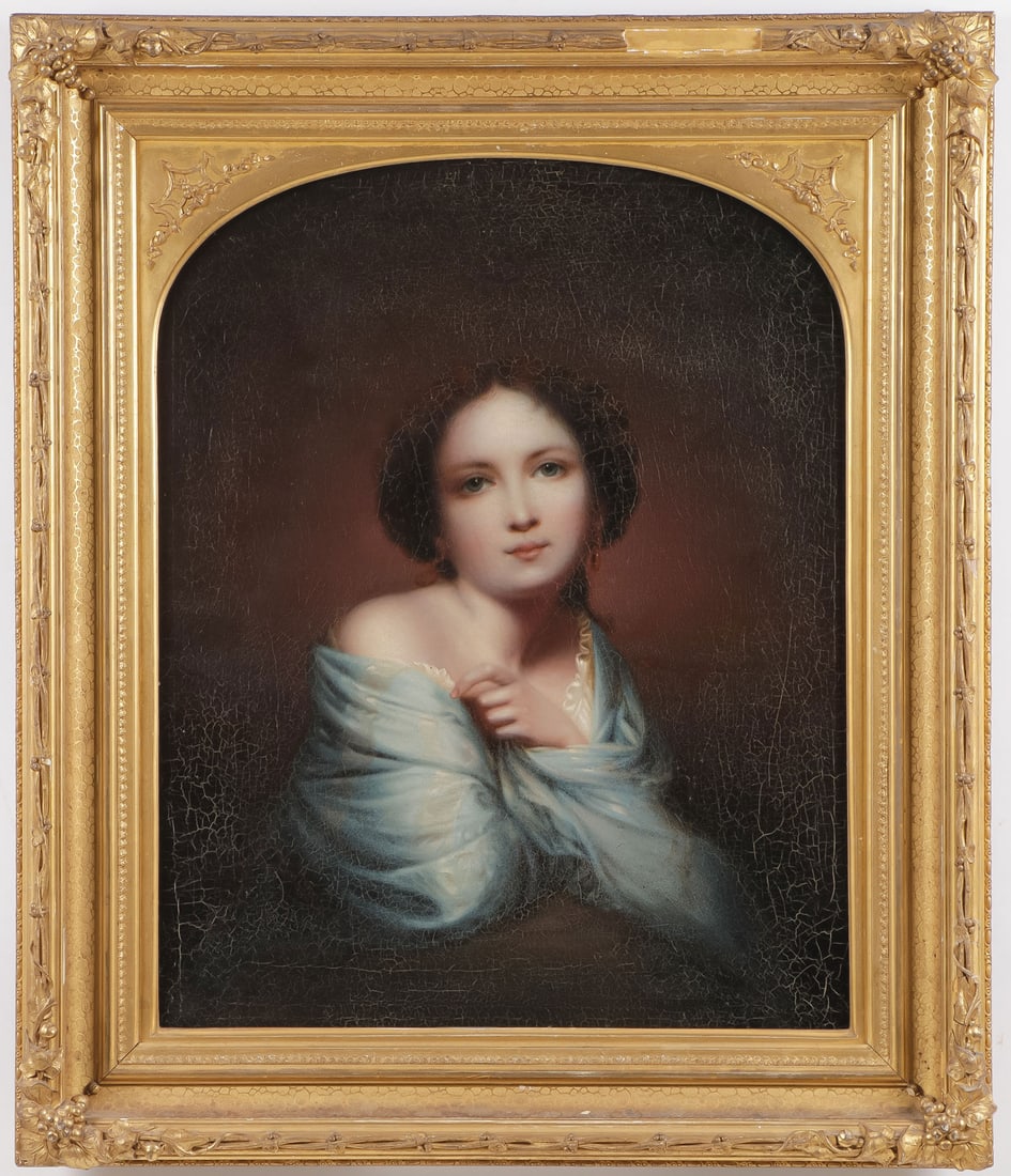 FRENCH PAINTING OF A BEAUTY, C. 1800: Circle of JEAN BAPTIST GREUZE (French 1725-1805) Young Beauty in Blue Oil on canvas laid down Unsigned 26.5 inches x 21.5 inches (67.3 x 54.6cm), contained in a press molded gilt frame overall measu