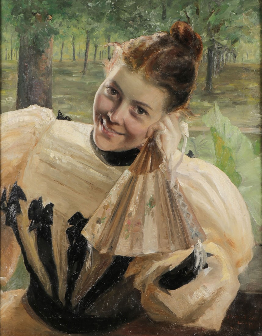 SIGNED & DATED GILDED AGE PAINTING: JOHN KELLOGG WOODRUFF (American 1879-1956) A Beauty with Fan -1896 Oil on canvas Signed lower right J.K. Woodruff and dated Aug 1896 N.Y. 25 inches x 20 inches SHIPPING NOTICE:
