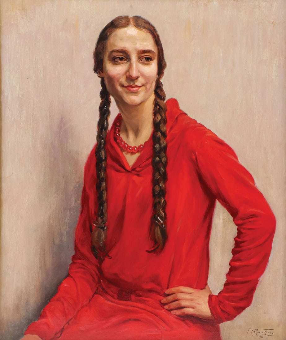 LOVELY SIGNED & DATED PAINTING, 1928: FERNAND GAUDFROY (Belgian 1885-1964) Portrait of young woman with braids in red dress -1928 Oil on canvas Signed and dated lower right 27.5 x 23.5 inches (70 x 60cm). Overall including frame, 30 x 26 