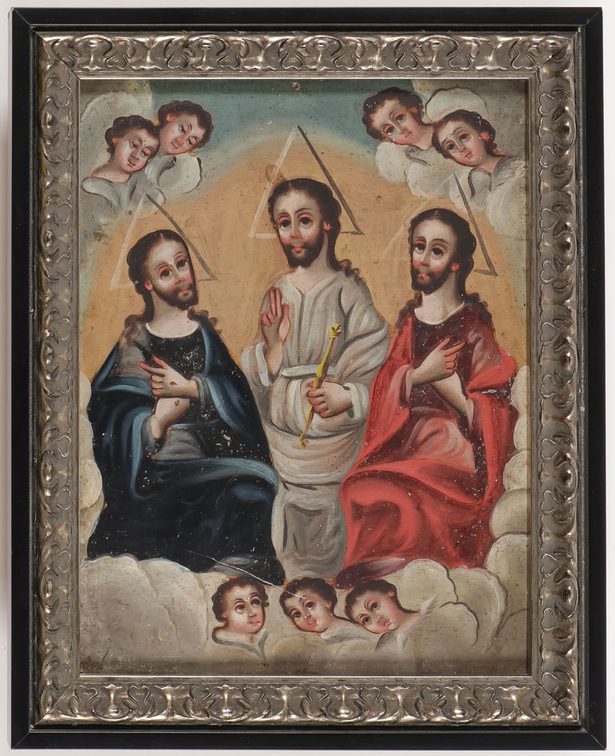 GOOD MEXICAN RETABLO LA TRINIDAD: GOOD MEXICAN RETABLO LA TRINIDAD Contained in an attractive frame overall measuring 15.5 inches x 12.5 inches. SHIPPING NOTICE:Jackson's is your sole and only source for one stop packing and shippin
