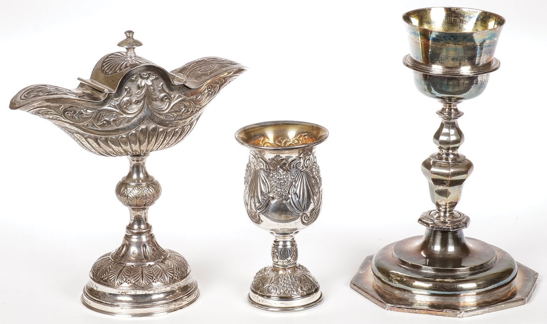 SILVER ALTARWARE CIRCA 1700 _ 1900: SILVER ALTARWARE CIRCA 1700 - 1900 Comprising an early Spanish Colonial silver chalice, the octagonal base with substantial baluster form stem supporting a banded flared cup, the interior brightly gil