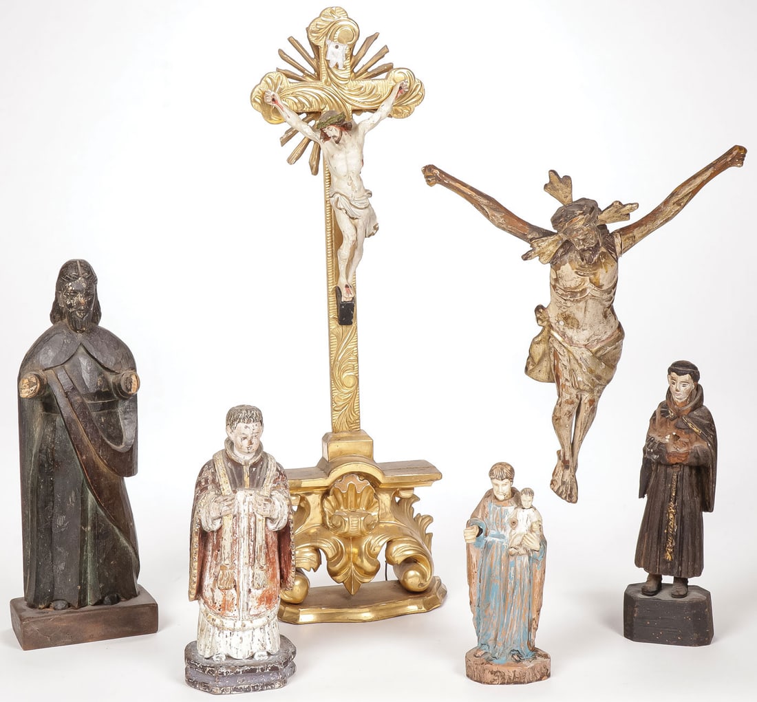 CARVED WOOD RELIGIOUS FIGURES, 19TH CENTURY: CARVED WOOD RELIGIOUS FIGURES, 19TH CENTURY Comprising six individual pieces, including a carved and gilt wood baroque style crucifix with carved and polychromed corpus, height 22 inches (55.5 cm), as