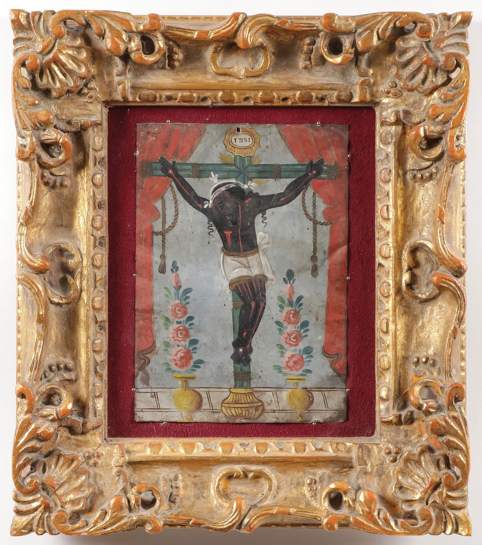 MEXICAN RETABLO EL CRISTO NEGRO: MEXICAN RETABLO EL CRISTO NEGRO Contained in an ornate gilt frame with red velvet backing, the Retablo 9.75 inches x 7 inches, overall 17 x 15 inches. SHIPPING NOTICE:Jackson's is your sole and only