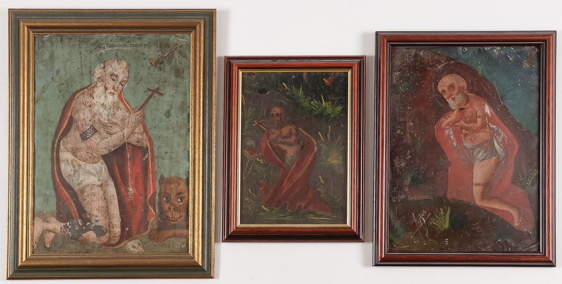 THREE MEXICAN FOLK RETABLOS, ST JEROME: THREE MEXICAN FOLK RETABLOS, ST JEROME Comprising three individual retablos depicting Jerome in Penitence with lion, each attractively framed, largest measurement including frame 17 inches x 12.75 inc