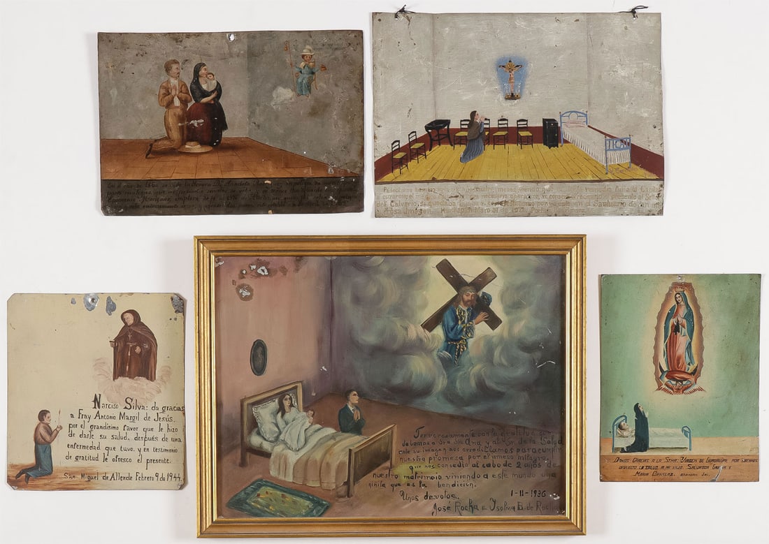FIVE MEXICAN EX VOTO RETABLOS: FIVE MEXICAN EX VOTO RETABLOS Of various sizes depicting various scenes as shown, and each with narrative inscription, the earliest date 1869, the largest size 10.25 inches x 13.5 inches. SHIPPING NOT