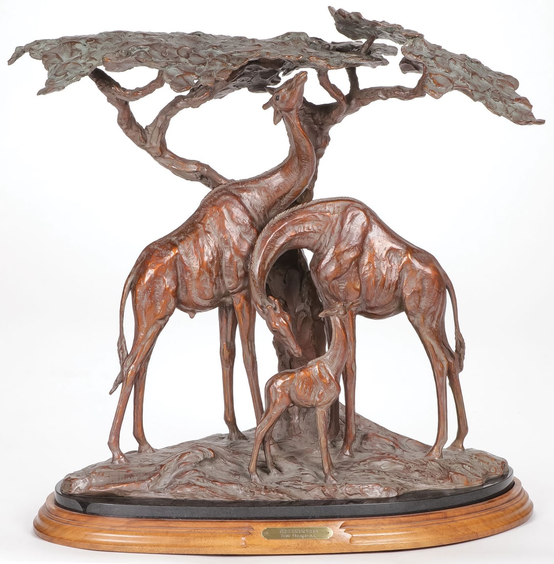 SIGNED AFRICAN WILDLIFE BRONZE: KENT ULLBERG (American b. 1945 - ) Treeshapers - 1999 Bronze with reddish brown and verdegris patina Signed, dated, and numbered on base 20/30 Overall height, including base 22.75 inches, width 22.5 i