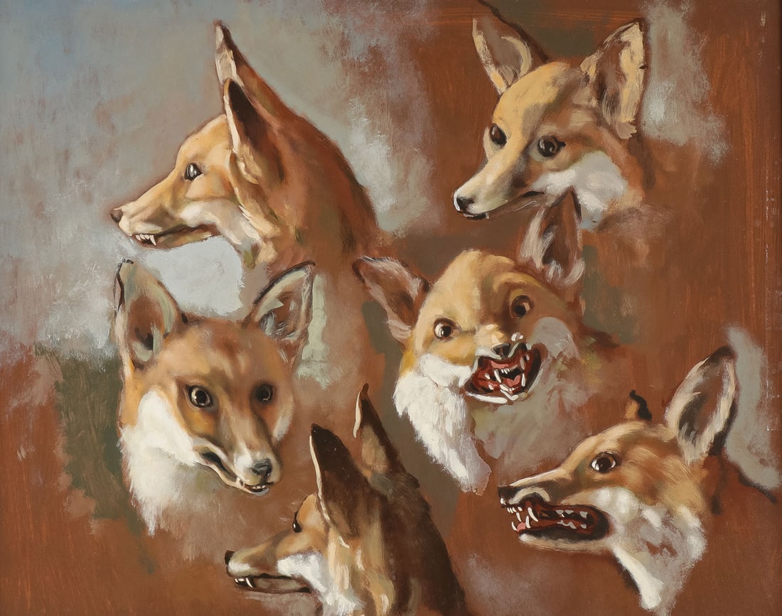 STUDIES OF FOX HEADS PAINTING, C 1959: CONTINENTAL SCHOOL (20th C.)Studies of Fox Heads Oil on boardInscribed on verso, Holland 195916 x 20 inches. Overall including frame 21 x 25 inches SHIPPING NOTICE:J