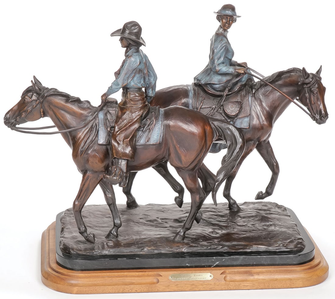 GOOD SIGNED WESTERN EQUSTRIAN BRONZE: VERYL GOODNIGHT (American b. 1947 - )Passing Times - 2000Bronze with brown and verdigris patina Signed, dated, and numbered on base 18/30Overall height, including base 18.5 inches, length 22.25 inche