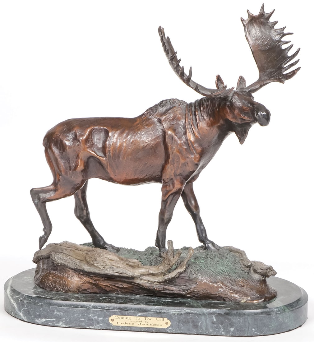 BULL MOOSE BRONZE: BULL MOOSE BRONZE Comprising a finely sculpted and patinated bronze bull moose inspired by Frederic Remmington, sculpted by Roy Harris, signed on base, dated 1995, and numbered 2094/2500. Resting on a