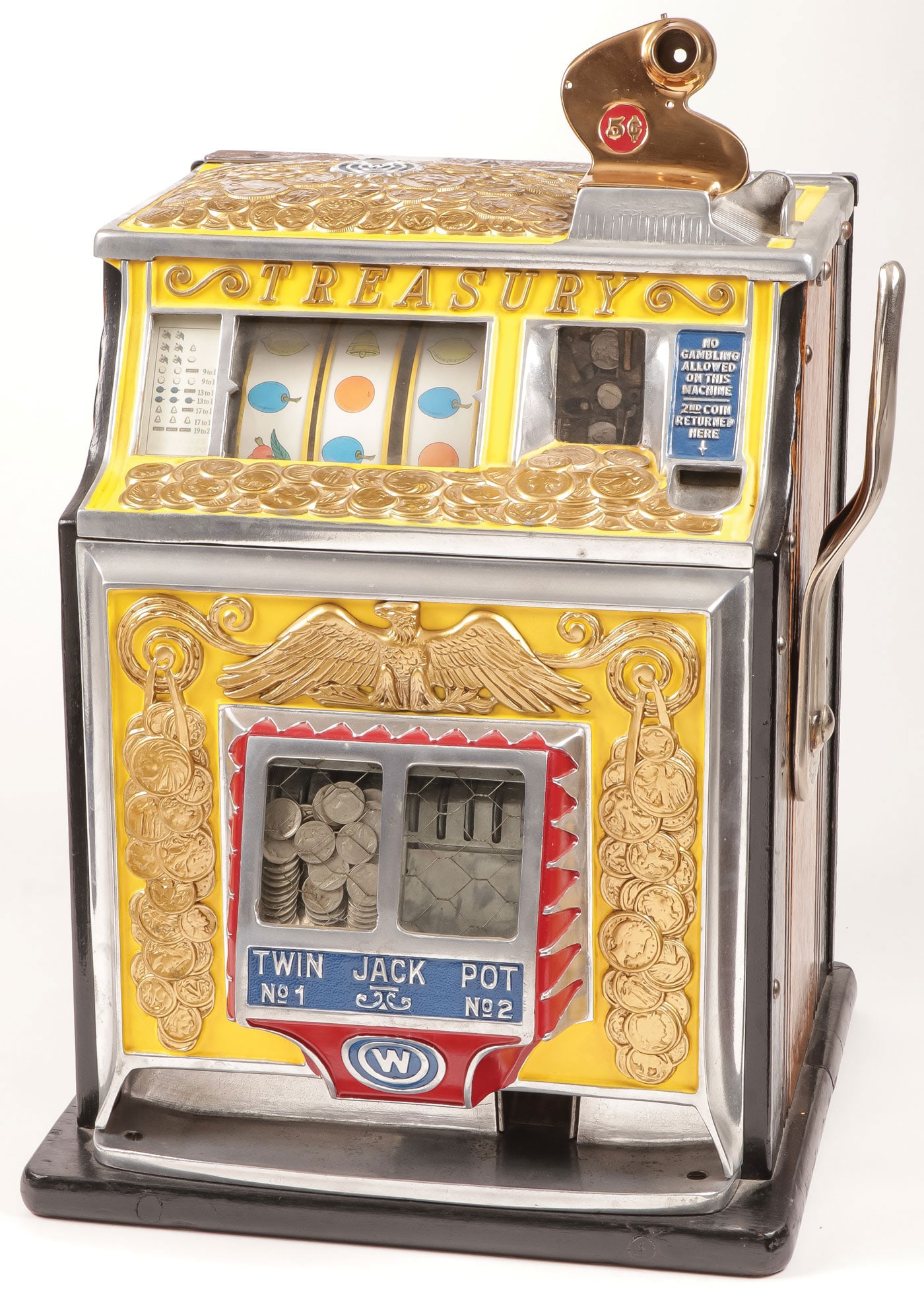WATLING 5 CENT TREASURY TWIN JACKPOT SLOT MACHINE: WATLING 5 CENT TREASURY TWIN JACKPOT SLOT MACHINE Appears complete but currently not operating. Comes with a key. Height 23.75 inches. LOCAL PICKUP OR THIRD PARTY SHIPPER ONLY. Provenance: Dr.