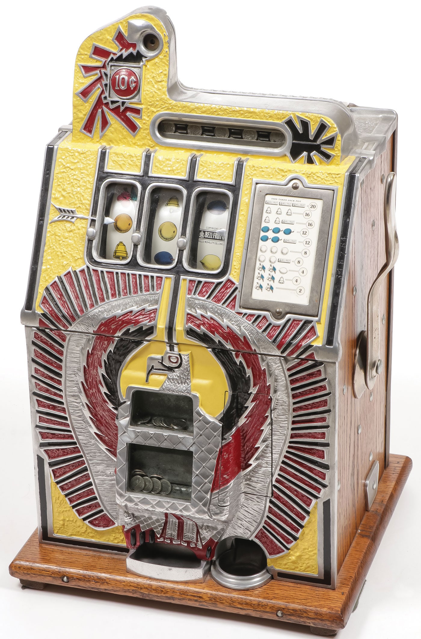 MILLS WAR EAGLE 10 CENT SLOT MACHINE: MILLS WAR EAGLE 10 CENT SLOT MACHINE In good working order with key. Height 24.5 inches. LOCAL PICKUP OR THIRD PARTY SHIPPER ONLY.ProvenanceEstate of Dr. Robin Jones (1937-2023), Little Rock,