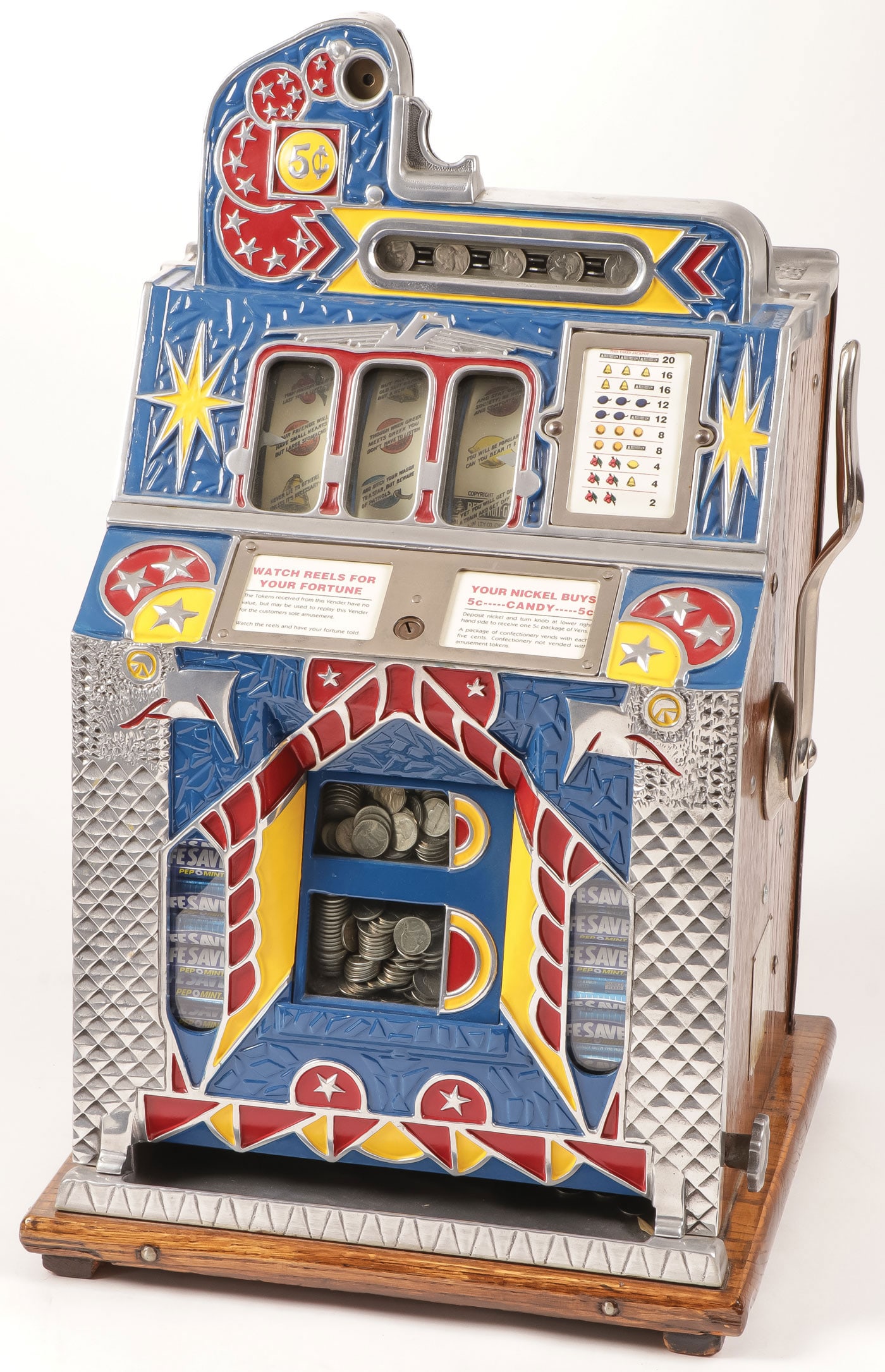 MILLS PEACOCK F.O.K. 5 CENT SLOT MACHINE: MILLS PEACOCK F.O.K. 5 CENT SLOT MACHINE Overall good working condition. With key. LOCAL PICKUP OR THIRD PARTY SHIPPER ONLY.Provenance: Dr. Robin Jones (1937-2023) estate, Little Rock, AR. Lifelong