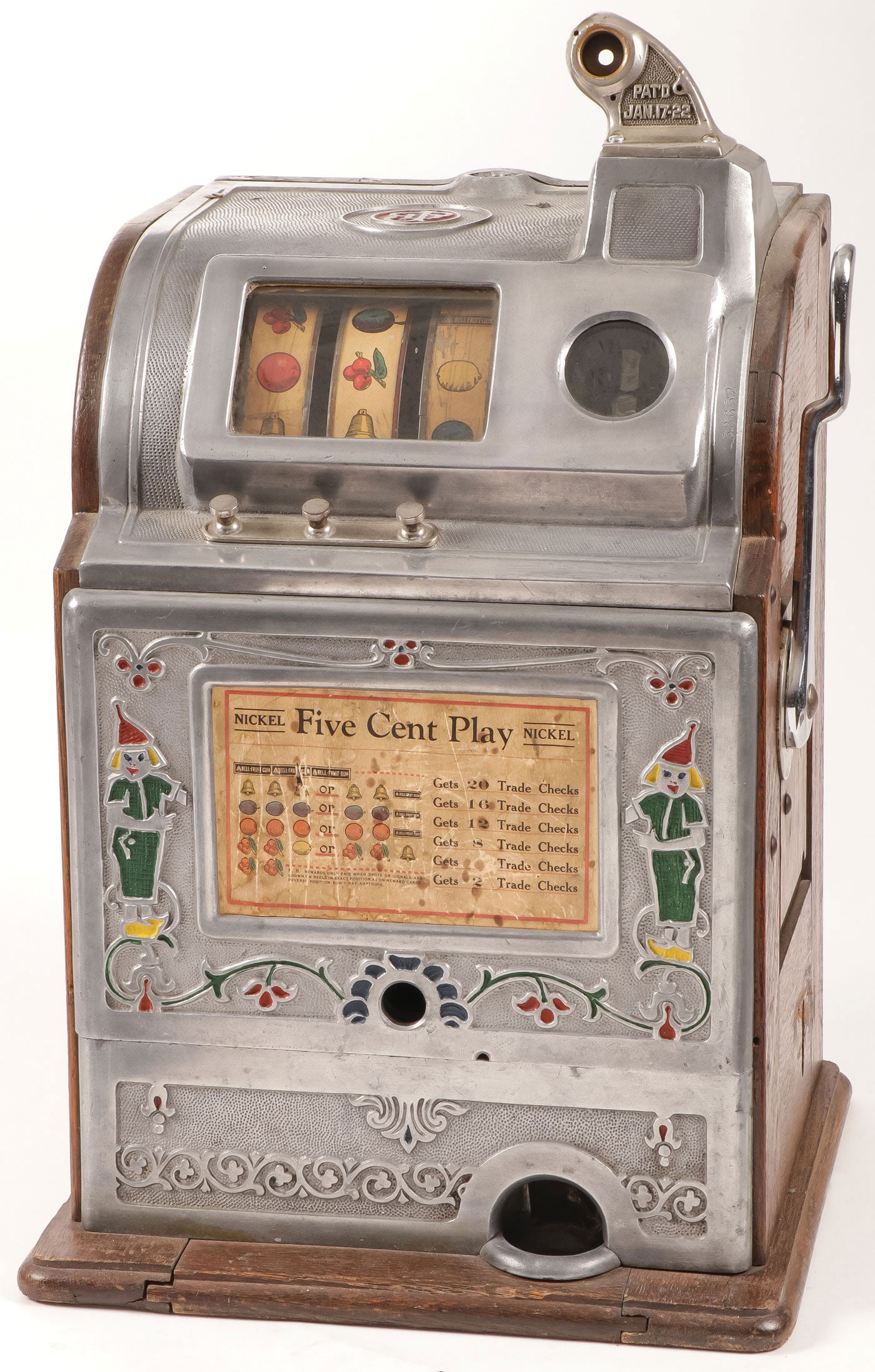 O. D. JENNINGS DUTCH BOY 5 CENT SLOT MACHINE: O. D. JENNINGS DUTCH BOY 5 CENT SLOT MACHINE In good operating condition. No key. Height 24.75 inches. LOCAL PICKUP OR THIRD PARTY SHIPPER ONLY. Provenance: Dr. Robin Jones (1937-2023) estate, Little