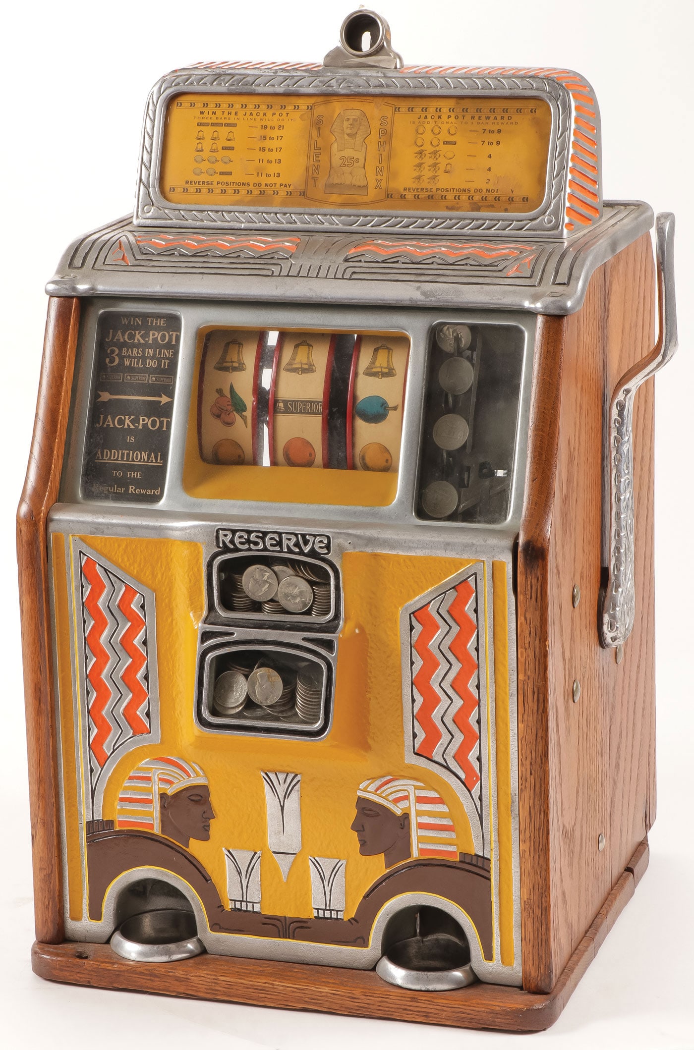 CAILLE 25 CENT SILENT SPHINX SLOT MACHINE: CAILLE 25 CENT SILENT SPHINX SLOT MACHINE Operates, missing metal back cover. Height 24 inches. LOCAL PICKUP OR THIRD PARTY SHIPPER ONLY. Provenance: Dr. Robin Jones (1937-2023) estate, Little Rock,