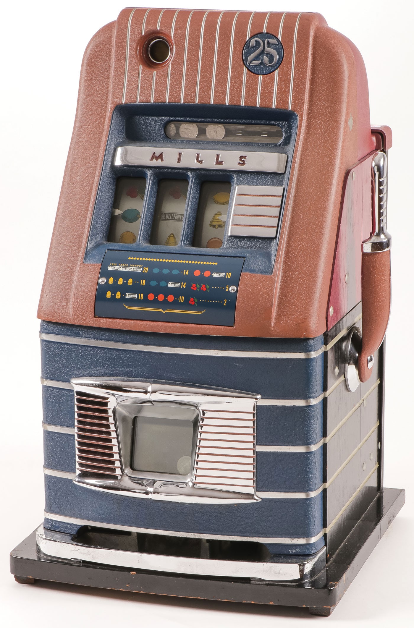MILLS 25 CENT HIGHTOP SLOT MACHINE: MILLS 25 CENT HIGHTOP SLOT MACHINE Original crinkled paint finish. With key. Seems complete, but currently not operating. Height 26.25 inches. LOCAL PICKUP OR THIRD PARTY SHIPPER ONLY. Provenance: Dr