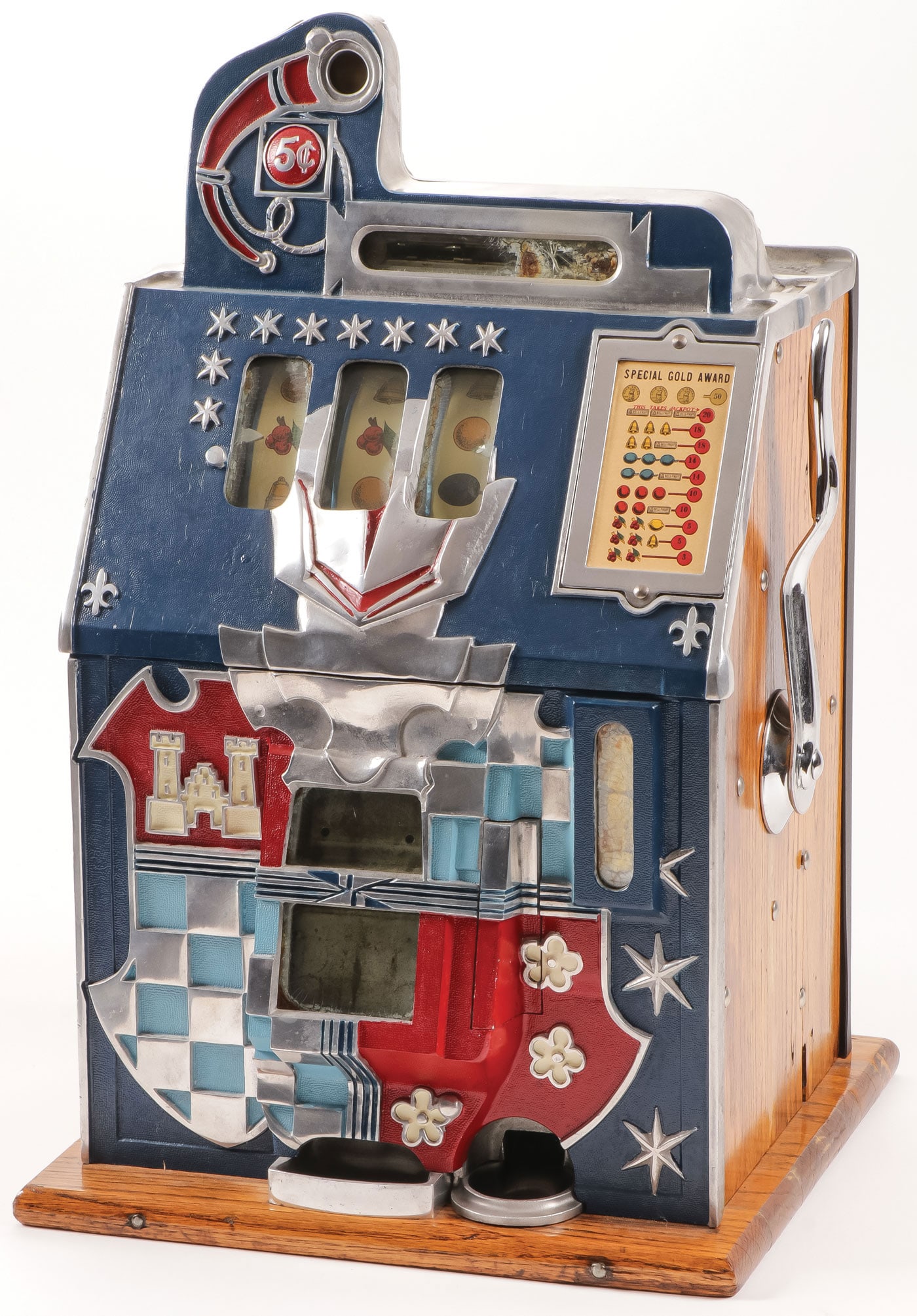 MILLS 5 CENT CASTLE FRONT SLOT MACHINE: MILLS 5 CENT CASTLE FRONT SLOT MACHINE With key. Height 24.75 inches. LOCAL PICKUP OR THIRD PARTY SHIPPER ONLY.Provenance: Dr. Robin Jones (1937-2023) estate, Little Rock, AR. Lifelong collector of