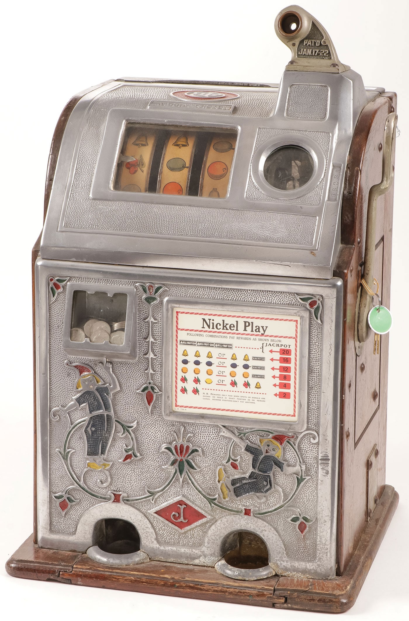 JENNINGS 5 CENT JACKPOT DUTCH BOY SLOT MACHINE: JENNINGS 5 CENT JACKPOT DUTCH BOY SLOT MACHINE Operates and with key. Height 24.75 inches. LOCAL PICKUP OR THIRD PARTY SHIPPER ONLY. Provenance: Dr. Robin Jones (1937-2023) estate, Little Rock, AR. L
