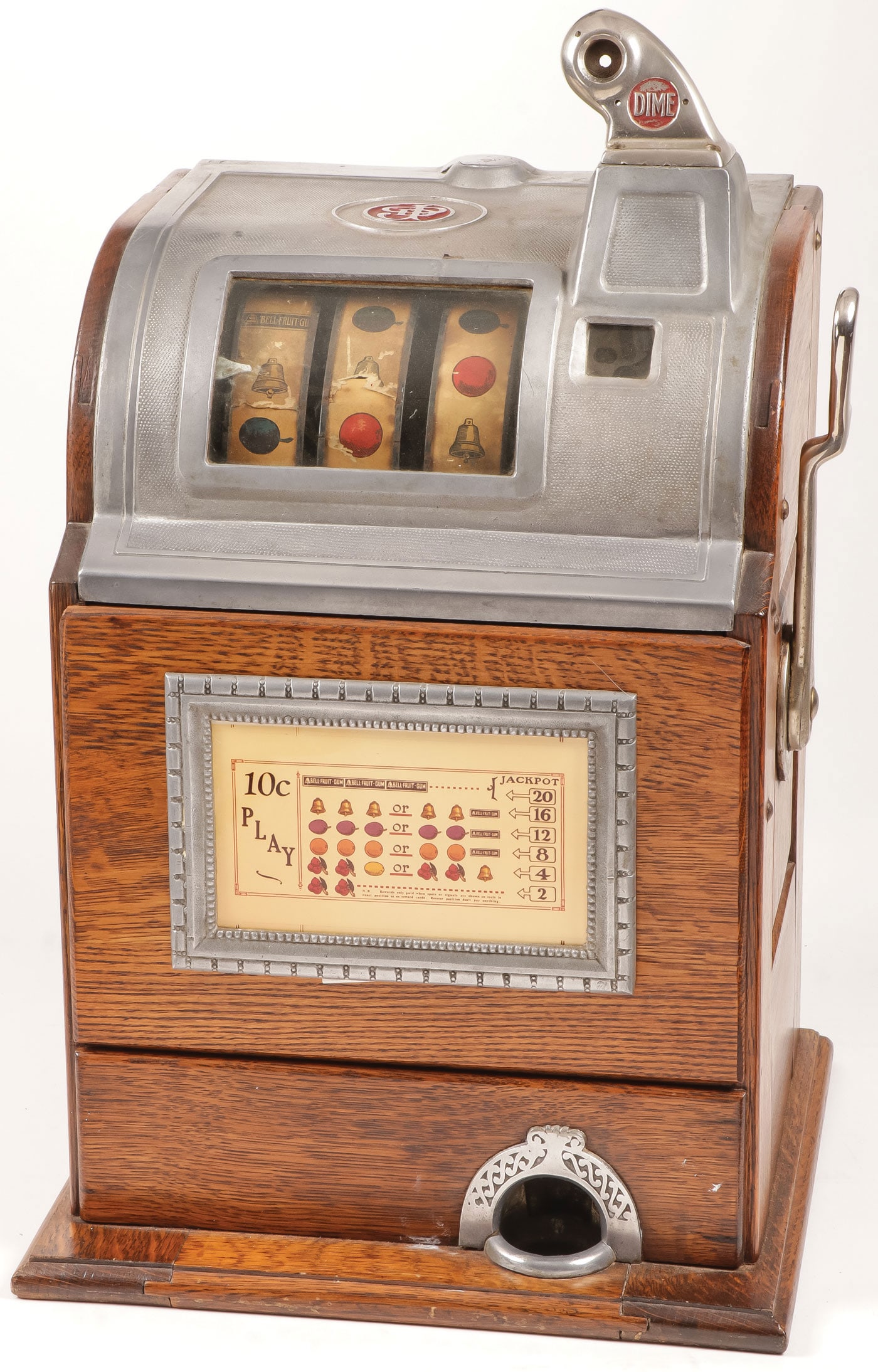 JENNINGS 10 CENT SLOT MACHINE: JENNINGS 10 CENT SLOT MACHINE With oak case. Operates and with key. Height 24.5 inches. LOCAL PICKUP OR THIRD PARTY SHIPPER ONLY.Provenance: Dr. Robin Jones (1937-2023) estate, Little Rock, AR. Lif