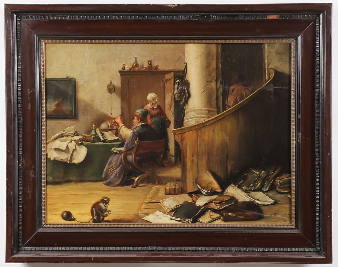 SIGNED & DATED OIL ON WOOD PAINTING, 1923: Attributed to OLGA JONAS (Austrian 19th/20th century) Alchemist in his Studio -1923 Oil on cradled wood panel Signed lower right "Olga Jonas" and dated 1923 19 inches x 25.5 inches (48.5 x 64.5cm) Ove