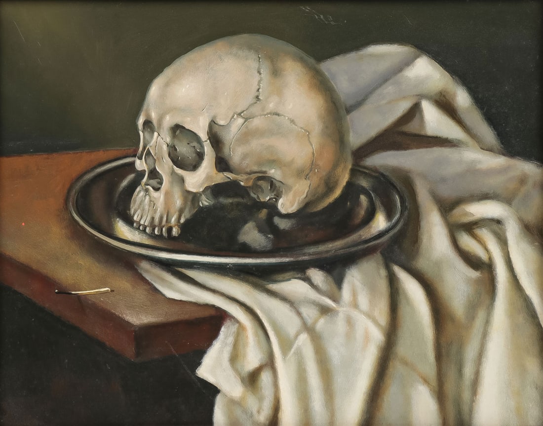 MEMENTO MORI STILL LIFE PAINTING: BRITISH SCHOOL (20th C.)Memento Mori Still Life with Skull -1964Oil on boardInscribed on verso, Bristol July 1964, and with remnant exhibition label and number16 x 20 inches. Overall including frame