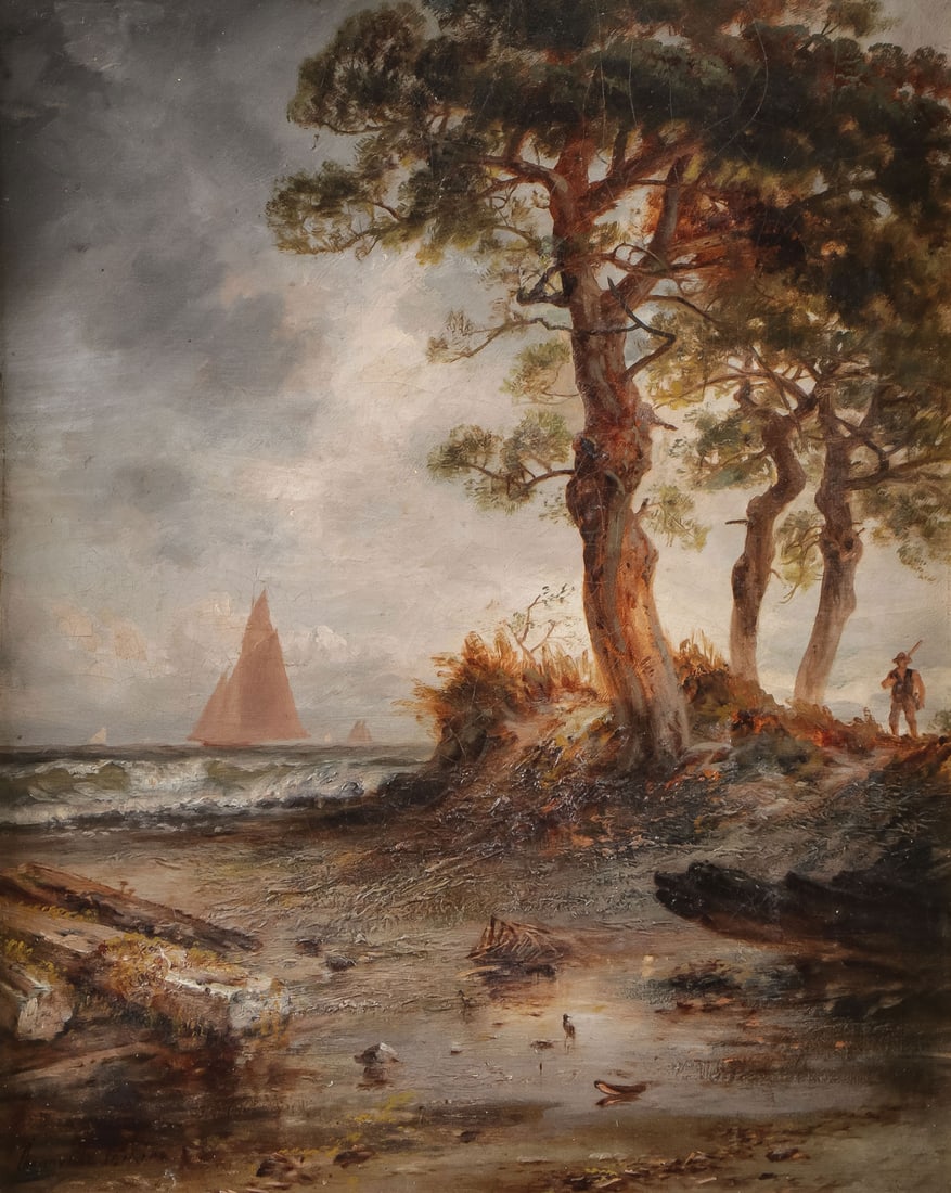 SIGNED AMERICAN COASTAL PAINTING C. 1880: GRANVILLE PERKINS (American 1830-1895) Figure on Shoreline with Ships in the Distance at Dusk -1880 Oil on canvas Signed lower left 15.25 inches x 12.25 inches. Contained in its likely original maple 