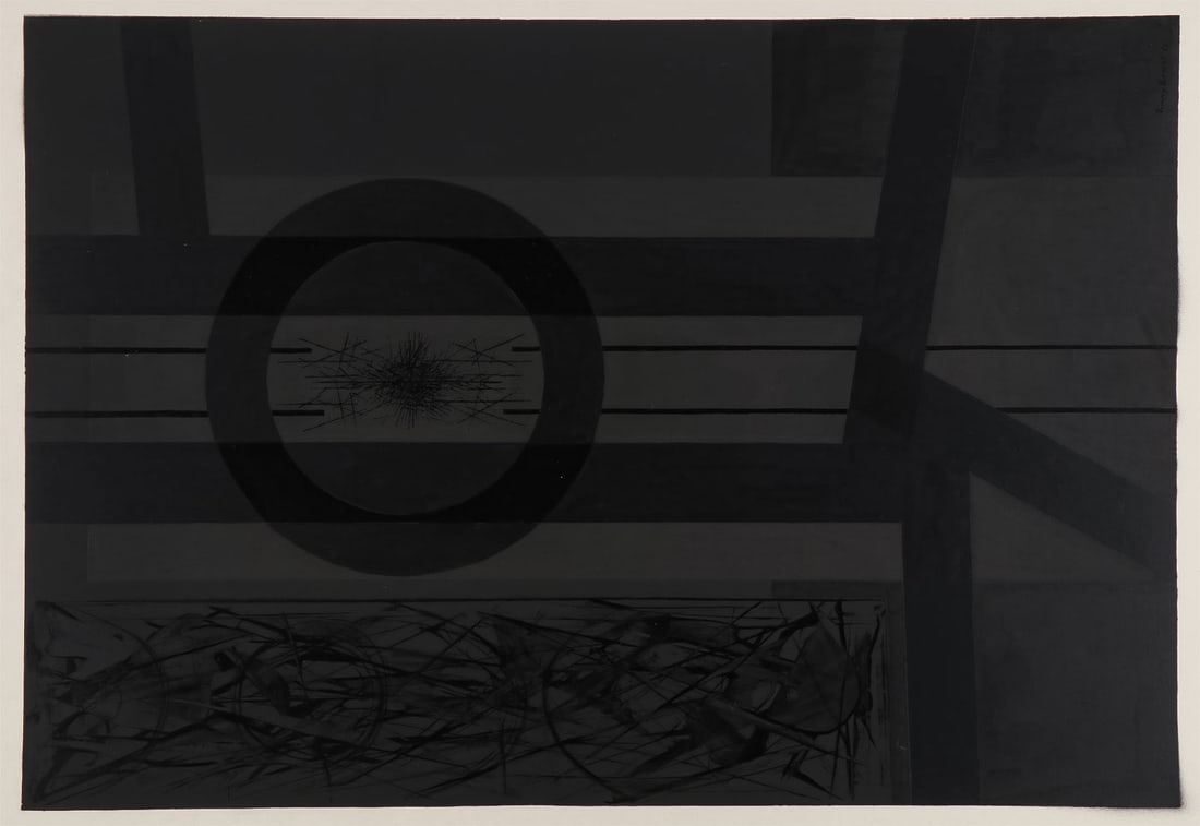 LARGE ORIGINAL JIMMY ERNST OIL ON PAPER: JIMMY ERNST (American/German 1920-1984)Black on Black - 1966Oil and mixed media on paperSigned and dated lower right, verso further signed, dated, and inscribed perhaps "Papier Work II"32 inches x 22