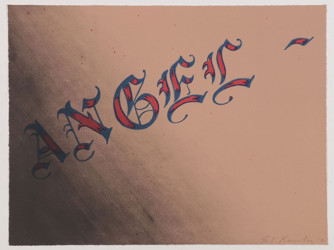 ED RUSCHA SIGNED LITHOGRAPH ANGEL: ED RUSCHA (American b. 1937 -)Angel -1991Lithograph on ArchesSigned and dated lower left, editioned 22/68 lower left, and with Tamarind blind stampSheet size 12 inches x 16 inches, unframed