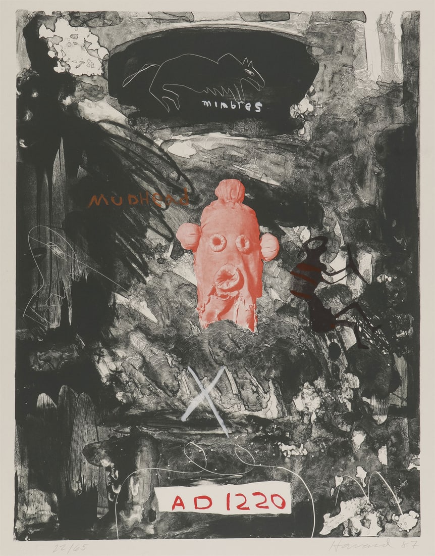 JAMES HAVARD SIGNED LITHOGRAPH MUDHEAD': JAMES HAVARD (American 1937-2020)Mudhead Looking at Mimbres - 1987LithographSigned and dated lower right, editioned 22/65 lower left, and with Tamarind blind stampImage size 25 inches x 19 inches (Sh