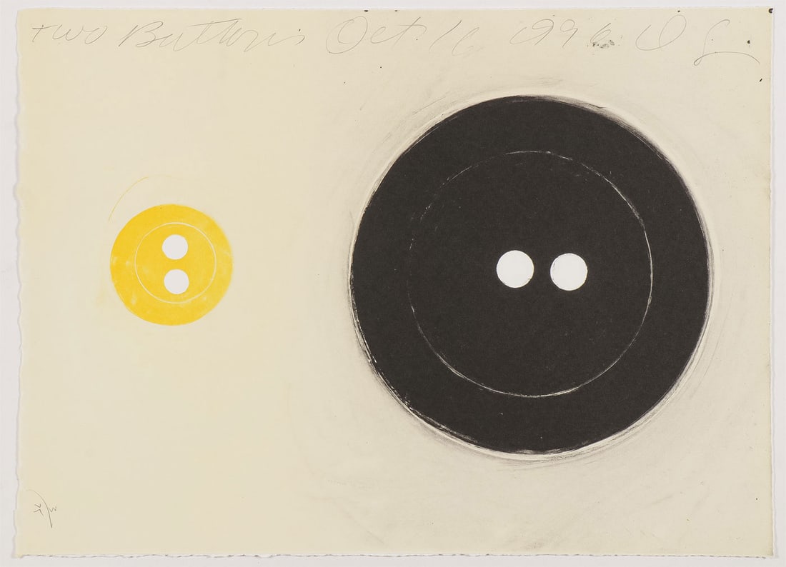 DONALD SULTAN SIGNED LITHOGRAPH TWO BUTTONS': DONALD SULTAN (American b. 1951-)Two Buttons - 1996LithographArtist inscribed "Two Buttons Oct 16 1996 DS 3/75," and with Tamarind blind stampSheet size 15.25 inches x 11 inches, unframed