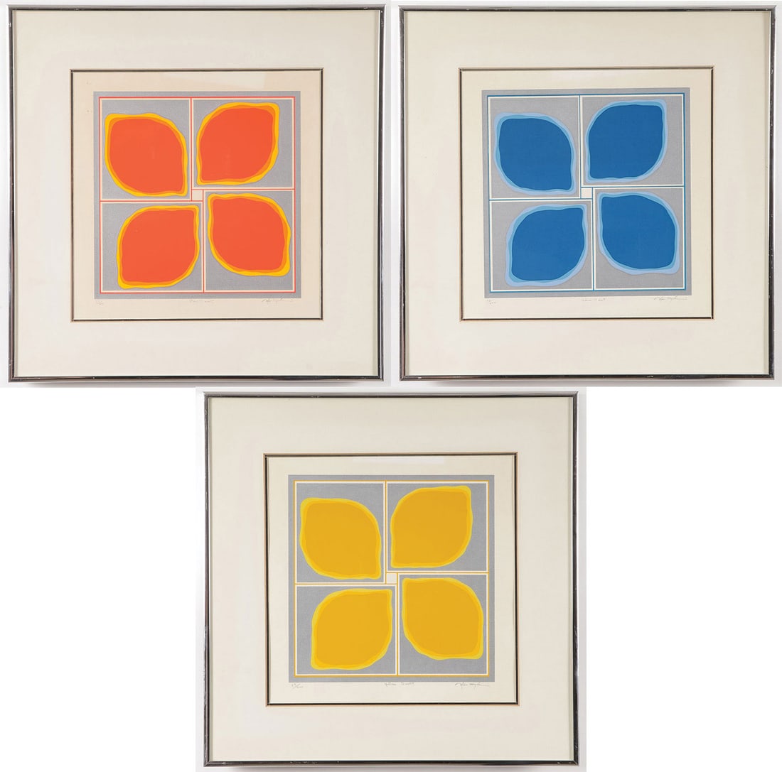 THREE NOBU FUKUI SIGNED SERIGRAPHS: NOBUMITSU FUKUI (Japanese b. 1942 - )Red Beat, Blue Beat, and Yellow Beat - a set of three prints SerigraphEach pencil signed, dated, and editioned out of 2001 lower marginAttractively displayed in m