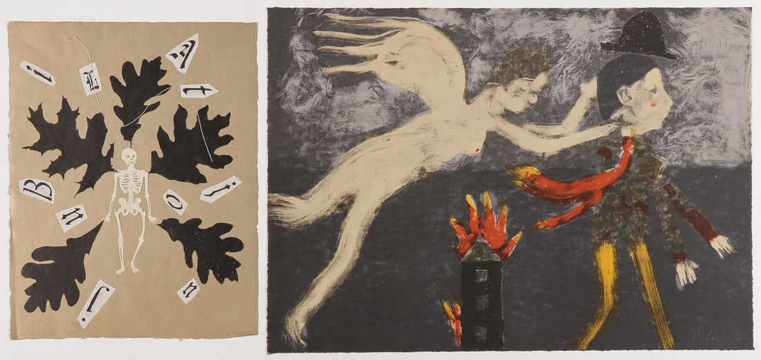TWO SIGNED MODERN ART WORKS, TAMARIND COLLECTION: TWO SIGNED MODERN ART WORKS, TAMARIND COLLECTION Comprising two unframed works including a lithograph depicting figures near a burning house titled Leaving Home by DeLoss Mcgraw (American b. 1945 -), 