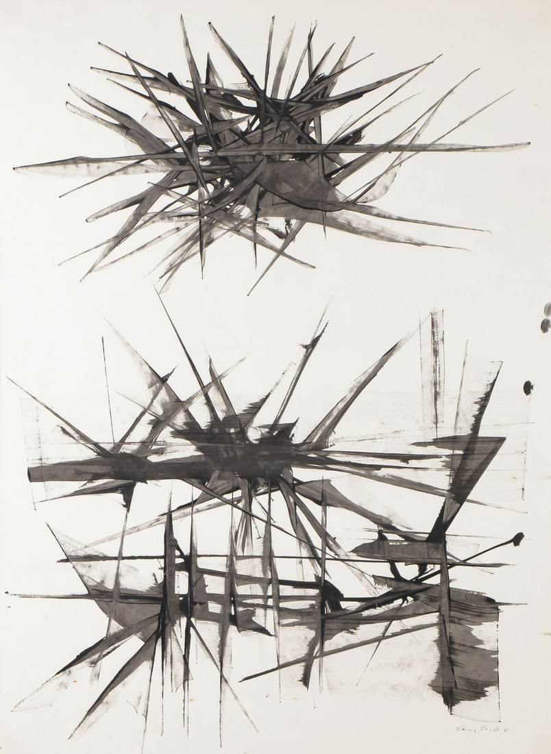 LARGE ORIGINAL JIMMY ERNST OIL ON PAPER: JIMMY ERNST (American/German 1920-1984)Untitled -1965Oil on paperSigned and dated lower rightSheet size 30 inches x 22 inches, contained in a glazed frame overall measuring 35.5 inches x 25.25 inches