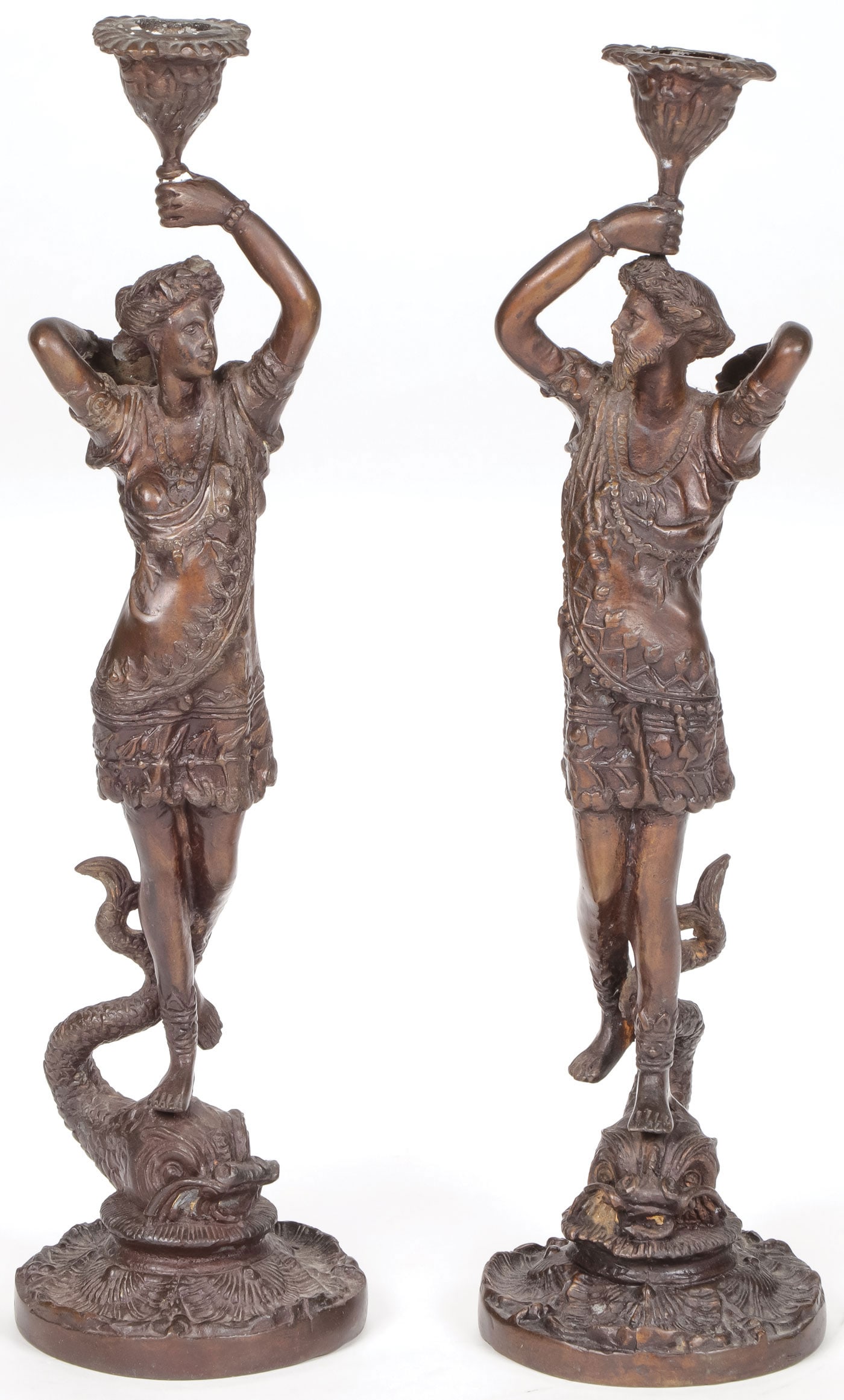 PR OF FIGURAL BRONZE CANDLESTICKS: PR OF FIGURAL BRONZE CANDLESTICKS Height 15 inches (38 cm) SHIPPING NOTICE: Jackson's is your sole and only source for one stop packing and shipping. With over 50 years of experience, our professiona