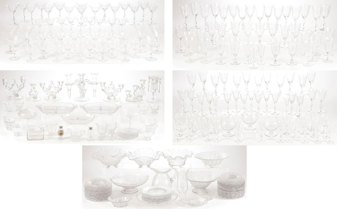 IMPRESSIVE 245 PC SET OF CAMBRIDGE ROSE POINT CRY: IMPRESSIVE 245 PC SET OF CAMBRIDGE ROSE POINT CRYSTAL. Comprising 245 individual pieces including but not limited to 148 stemmed glasses including liqueurs, cordials, wines, champagnes, brandies, and 