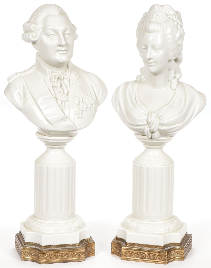 LOUIS XVI & MARIE ANTOINETTE PORCELAIN LAMP BASES: LOUIS XVI & MARIE ANTOINETTE PORCELAIN LAMP BASES Comprising a pair of finely modeled white glazed porcelain lamps bases depicting busts of King Louis XVI and Marie Antoinette resting on fluted column