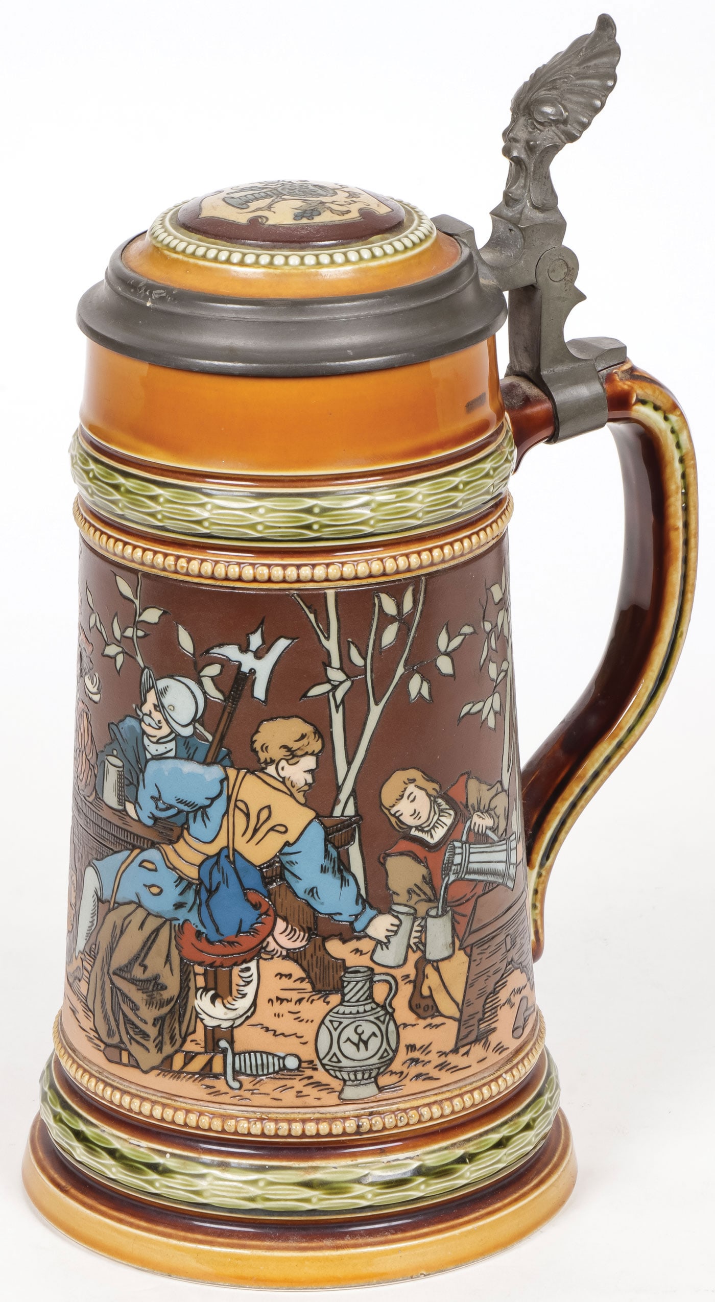 GERMAN METTLACH BEER STEIN: GERMAN METTLACH BEER STEIN With typical incised decoration of men making merry, undersigned with impressed Mettlach castle mark and mold no. 1527. Overall height 10.5 inches (26.5cm). SHIPPING NOTICE: