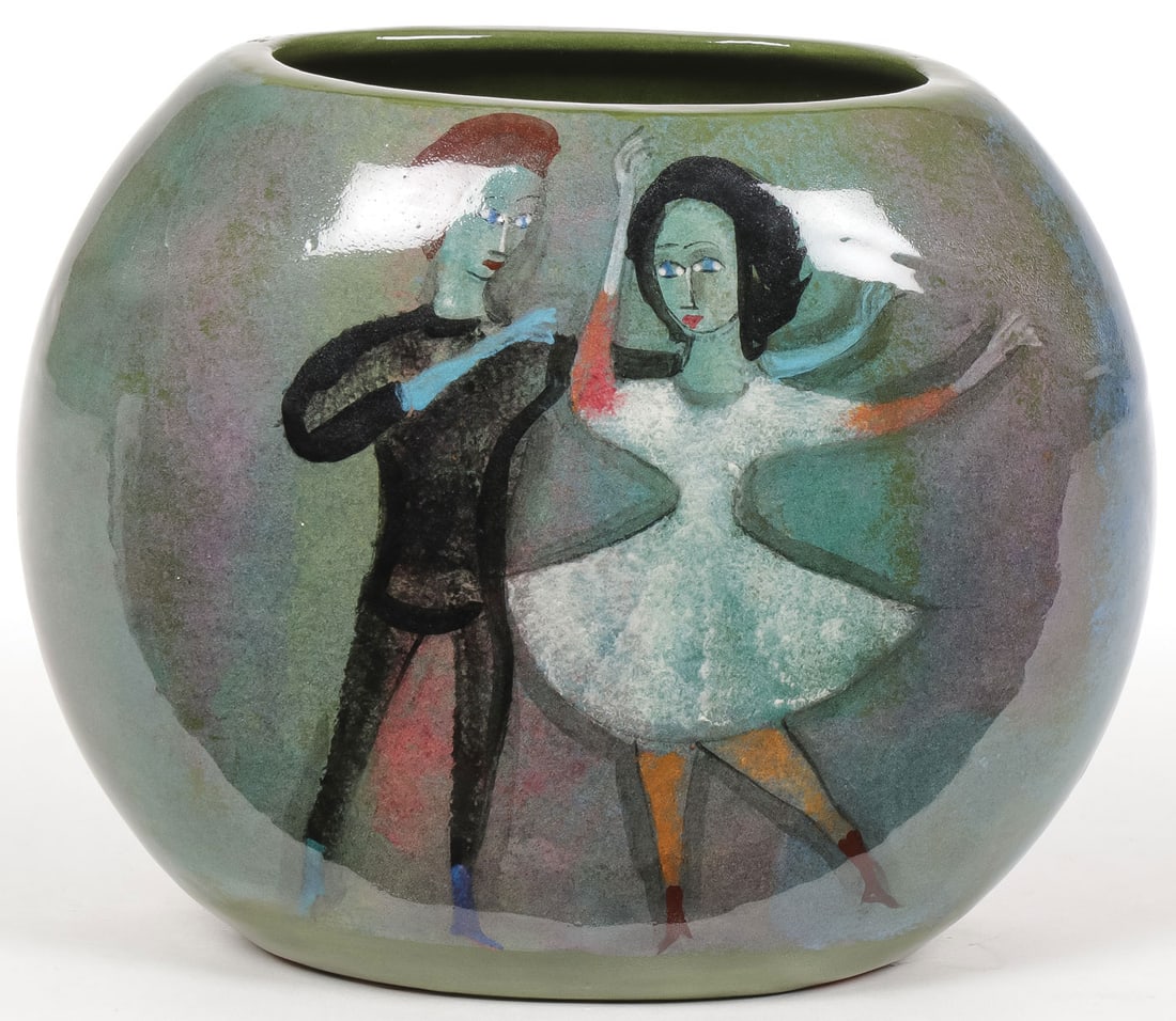 POLIA PILLIN ART POTTERY VASE WITH DANCERS: POLIA PILLIN ART POTTERY VASE WITH DANCERS The Polia Pillin (Polish 1909 - 1992) ceramic vase of pillow form with both sides depicting dancing figures on blue, green, and pink ground, signed on unders