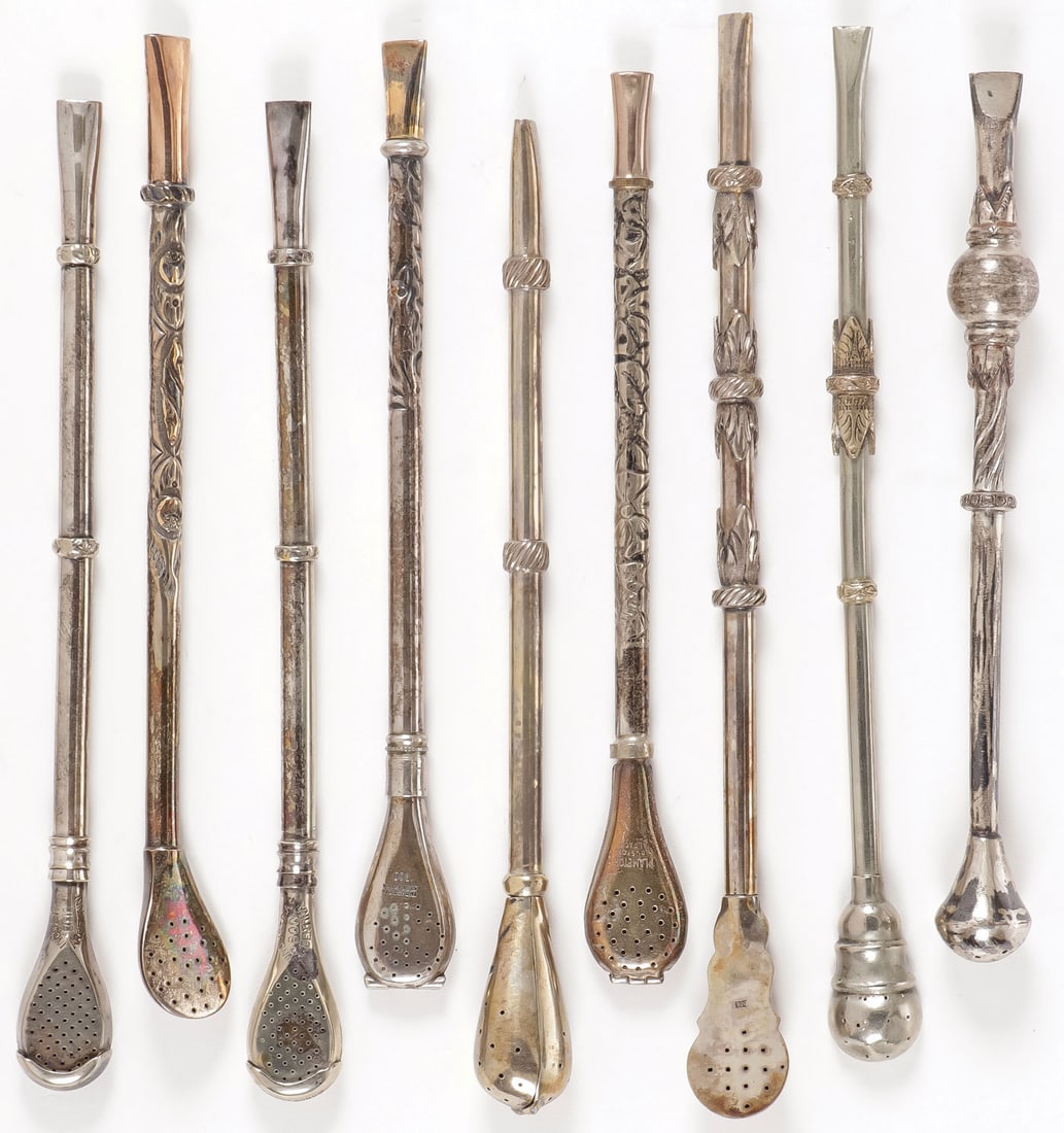 NINE SILVER MATE STRAWS: NINE SILVER MATE STRAWS Each with various decorative elements on stem, marked 800 silver standard, and many marked Argentina. Greatest length 9.25 inches (23.5 cm). Total weight 354 grams. SHIPPING NO