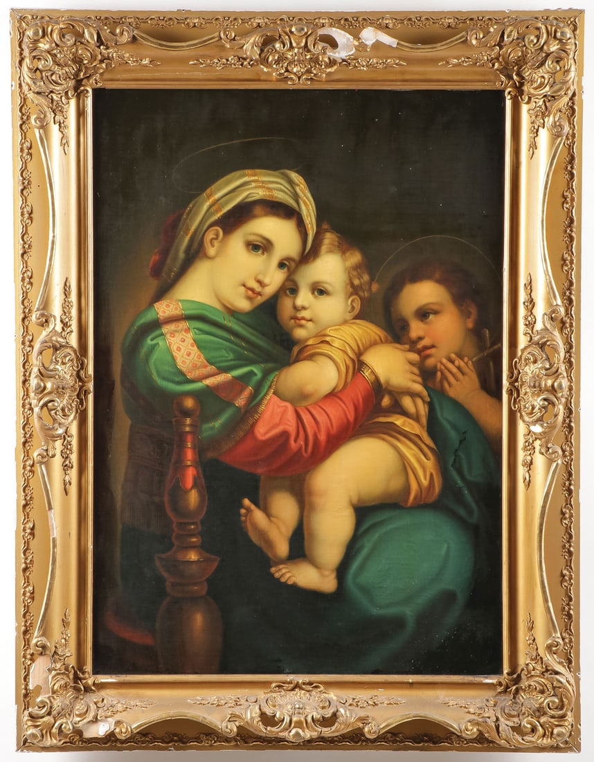 19TH CENTURY PAINTING OF THE MADONNA AND CHILD: After RAPHAEL (1483-1520)The Madonna Della Sedia Oil on canvas laid downArt: 27.6 inches x 19.6 inches (70.5 x 50cm) Framed overall: 34 inches x 26.25inches (87 x 66.5cm) SHIPPING NOTICE