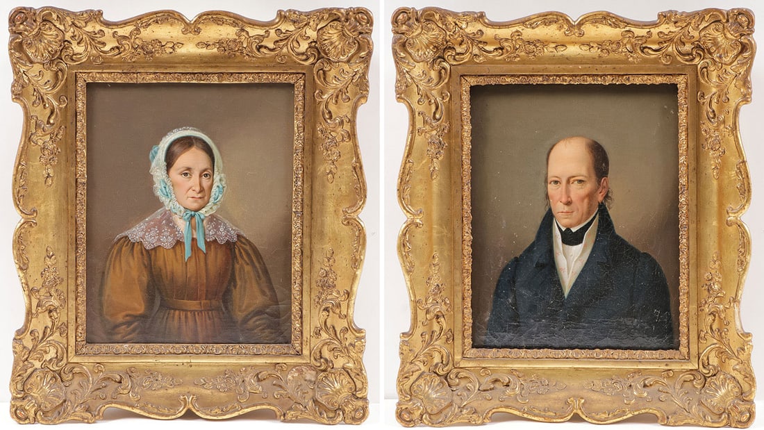PAIR OF BIEDERMEIR PORTRAITS, C. 1840: GERMAN SCHOOL (19th century)Portrait of a Husband and Wife, c.1840 (A pair)Oil on canvasUnsignedEach 10.5 inches x 8.5 inches (26.7 x 21.6cm) Overall including frame 15" x 13" (38.1 x 33cm)