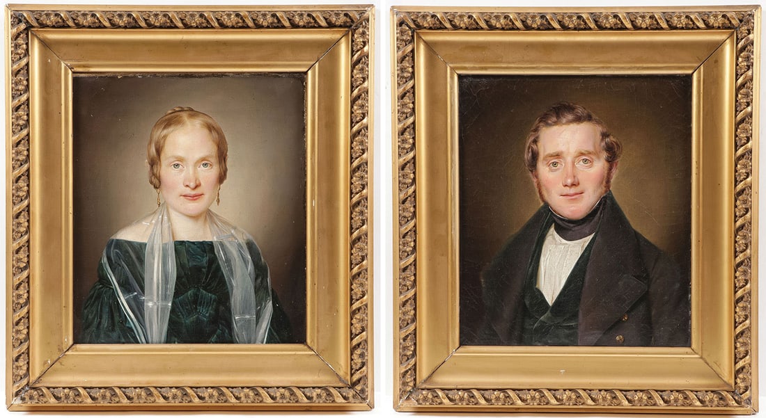 PAIR OF BIEDERMEIER PORTRAITS, C.1840: GERMAN SCHOOL (19th century)Portrait of a husband and wife - c. 1840 (A pair)Oil on canvasUnsigned and verso with indistinguishable German inscriptions13.2 inches x 11.2 inches (33.5 x 28.5 cm) Overal