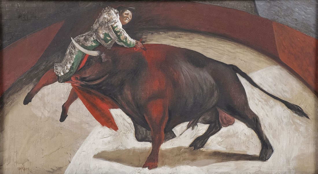 SIGNED & DATED MID-CENTURY BULL FIGHTER PAINTING: Attributed to JOSE REYES MEZA (Mexican 1924-2011) La Estocada -1961 Oil on canvas Signed and dated lower left 16 inches X 28 inches (40 x 70cm), overall including frame 21 inches x 33 inches (54 x 84c